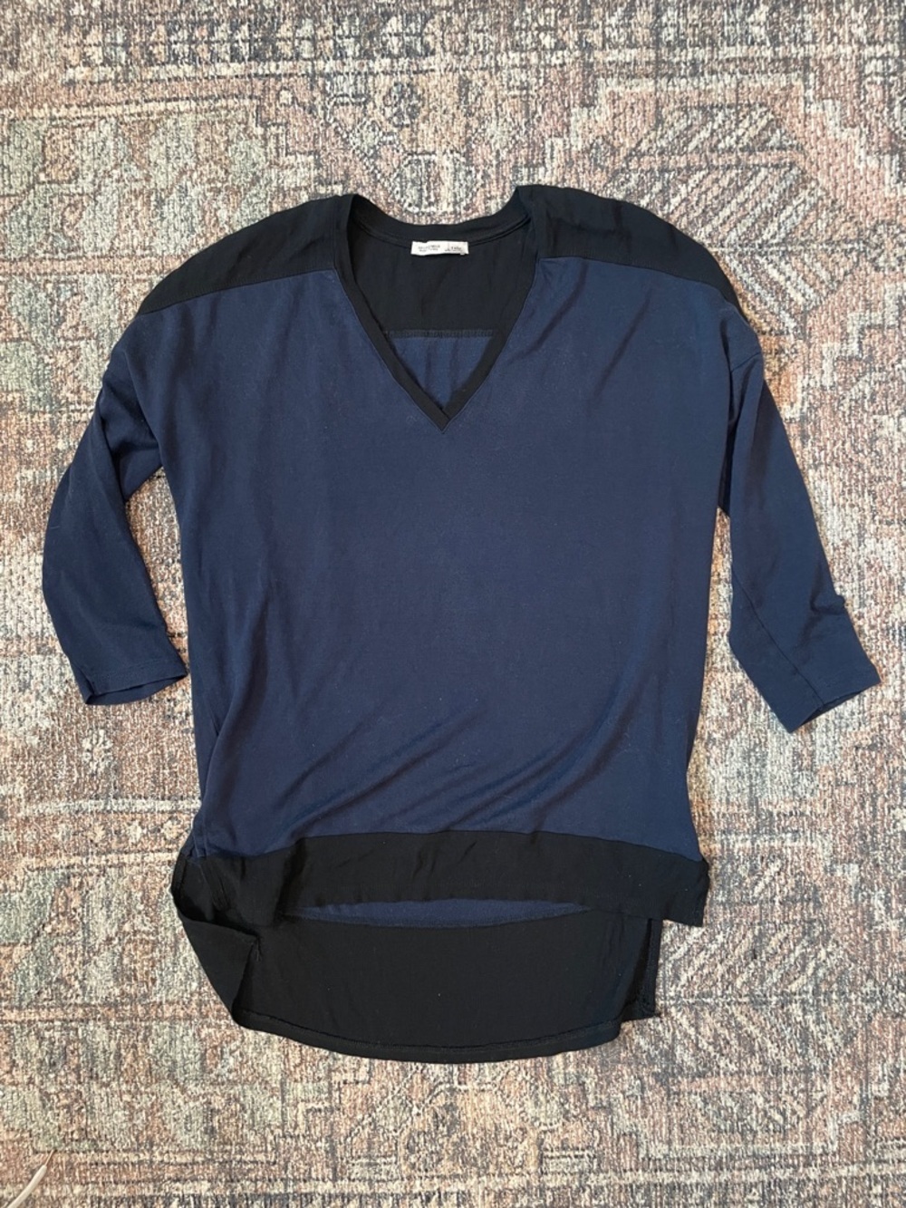 Zara Mixed Media V Neck Top Small Blue Black Lightweight Blouse Minimalist